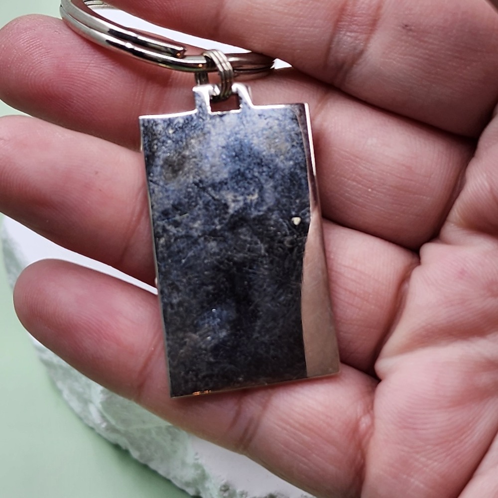 Iridescent Shell Inlay Silver Tone Rectangular Keychain Geometric Modernist Tag - Picture 5 of 7
